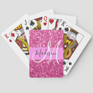 Girly and Glam Hot Pink Glitter Sparkles Monogram Playing Cards