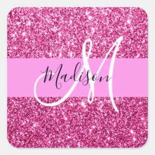 Girly and Glam Hot Pink Glitter Sparkles Monogram Square Sticker