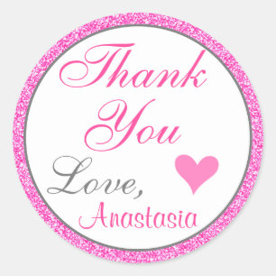 Girly and Glam Princess Hot Pink Glitter Thank You Classic Round Sticker
