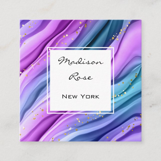 Girly and Trendy Purple Blue Ink and Gold Sparkles Square Business Card (Front)