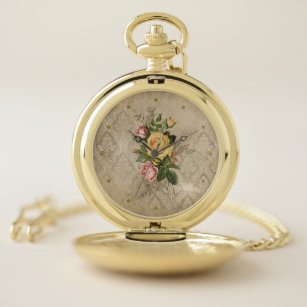 Girly Antique Gold Damask and Roses Pocket Watch