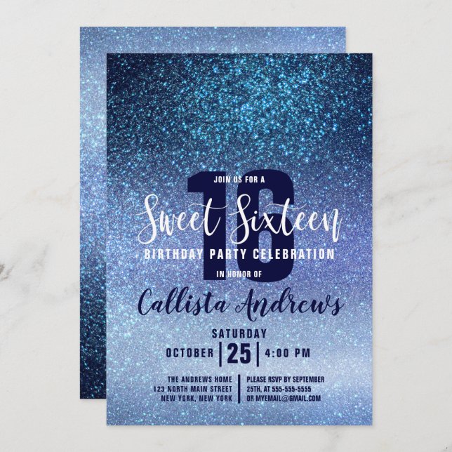Girly Aqua Baby Blue Triple Glitter Ombre Sweet 16 Invitation (Front/Back)