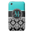 Girly Aqua Black Damask Your Monogram Name
