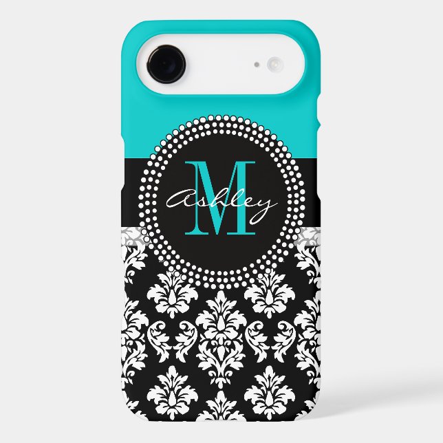 Girly Aqua Black Damask Your Monogram Name Case-Mate iPhone Case (Back)