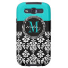 Girly Aqua Black Damask Your Monogram Name
