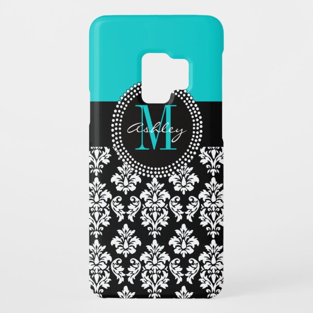 Girly Aqua Black Damask Your Monogram Name Case-Mate Samsung Galaxy Case (Back)
