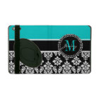 Girly Aqua Black Damask Your Monogram Name