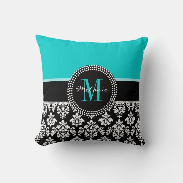 Girly Aqua Black Damask Your Monogram Name Pillow (Front)