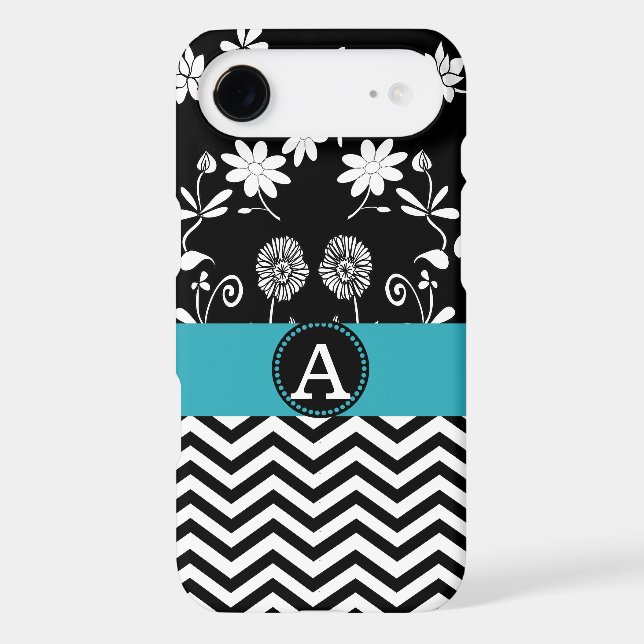 Girly Aqua Black & White Chevron Monogram Name Case-Mate iPhone Case (Back)