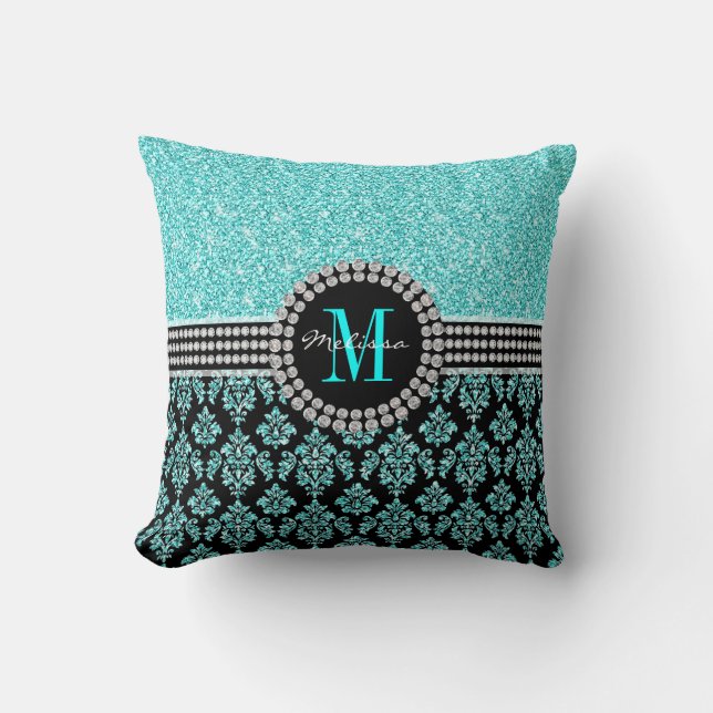 Girly Aqua Blue Glitter Monogram Damask Name Cushion (Front)
