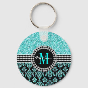 Girly Aqua Blue Glitter Monogram Damask Name Key Ring
