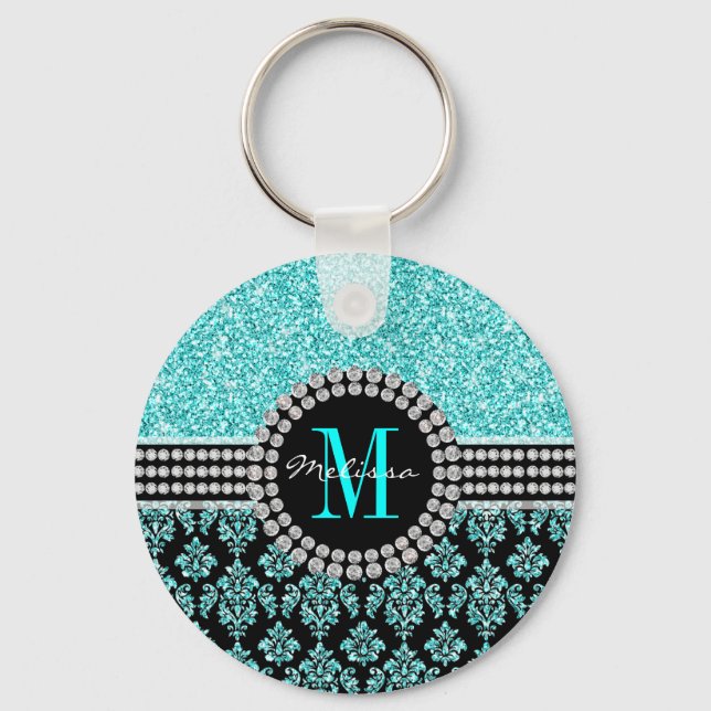 Girly Aqua Blue Glitter Monogram Damask Name Key Ring (Front)