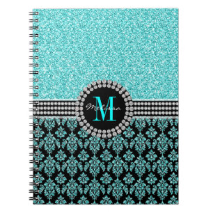 Girly Aqua Blue Glitter Monogram Damask Name Notebook