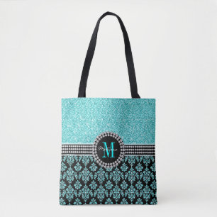 Girly Aqua Blue Glitter Monogram Damask Name Tote Bag