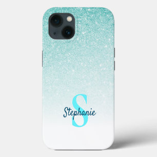 Girly Aqua Blue Glitter Ombre Monogram iPhone 13 Case