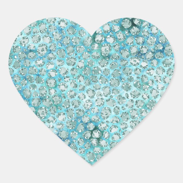 Girly Aqua Blue Glitzy Glam Glitter Leopard Print Heart Sticker (Front)