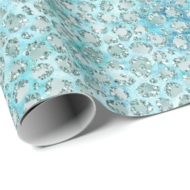 Girly Aqua Blue Glitzy Glam Glitter Leopard Print Wrapping Paper (Roll Corner)
