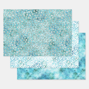 Girly Aqua Blue Glitzy Glam Glitter Leopard Print Wrapping Paper Sheet