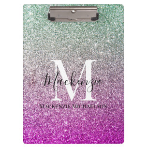 Girly Aqua Blue Pink Ombre Glitter Monogram Name   Clipboard