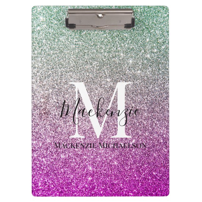 Girly Aqua Blue Pink Ombre Glitter Monogram Name   Clipboard (Front)