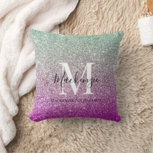Girly Aqua Blue Pink Ombre Glitter Monogram Name Cushion