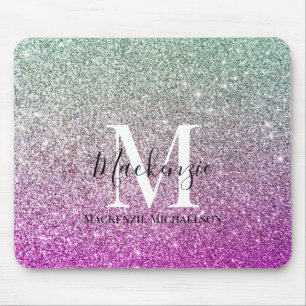 Girly Aqua Blue Pink Ombre Glitter Monogram Name Mouse Mat