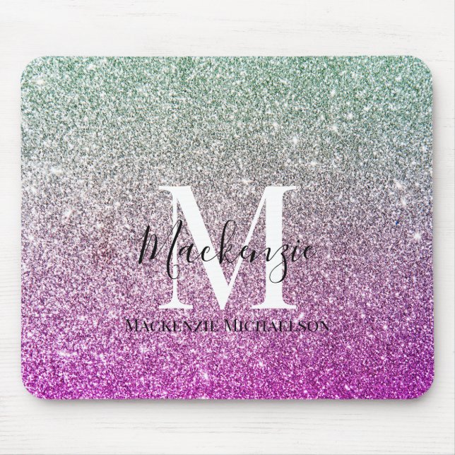 Girly Aqua Blue Pink Ombre Glitter Monogram Name   Mouse Mat (Front)