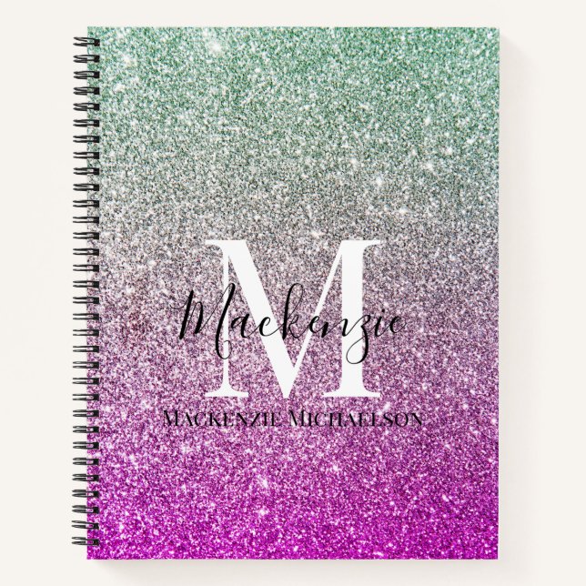 Girly Aqua Blue Pink Ombre Glitter Monogram Name Notebook (Front)