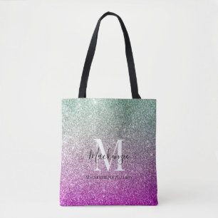 Girly Aqua Blue Pink Ombre Glitter Monogram Name Tote Bag
