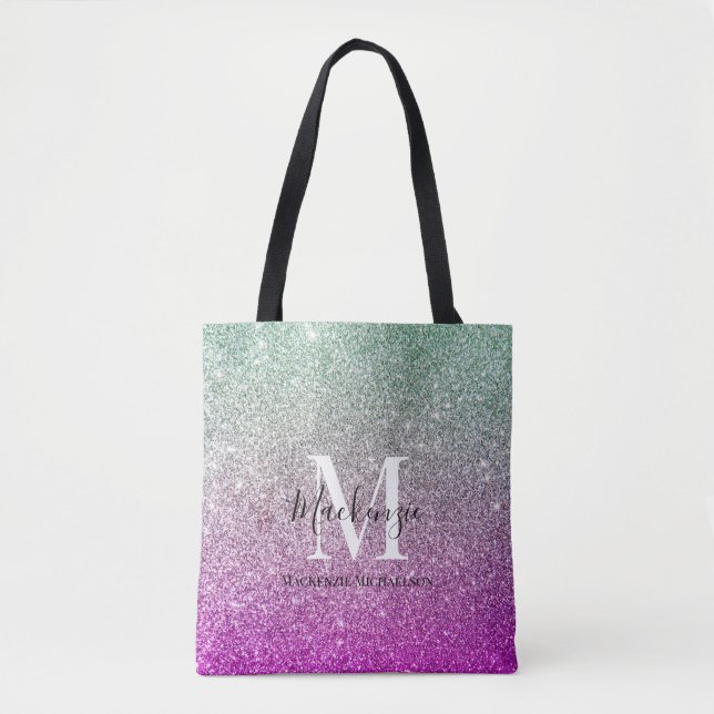 Girly Aqua Blue Pink Ombre Glitter Monogram Name Tote Bag (Front)