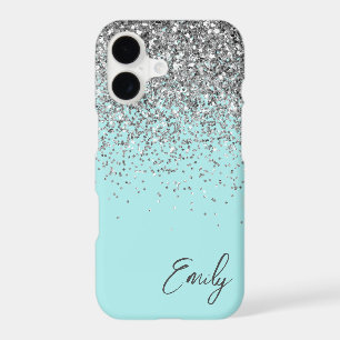 Girly Aqua Blue Silver Glitter Monogram
