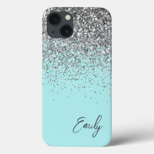 Girly Aqua Blue Silver Glitter Monogram Case-Mate iPhone Case