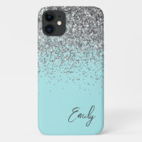 Girly Aqua Blue Silver Glitter Monogram