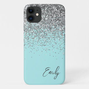 Girly Aqua Blue Silver Glitter Monogram iPhone 11 Case
