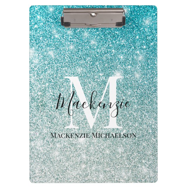 Girly Aqua Blue Silver Ombre Glitter Monogram Name Clipboard (Front)
