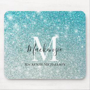 Girly Aqua Blue Silver Ombre Glitter Monogram Name Mouse Mat