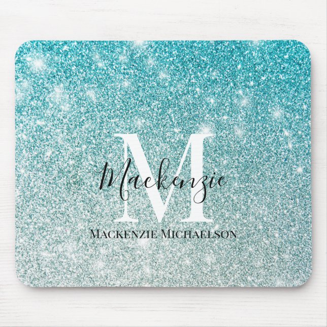 Girly Aqua Blue Silver Ombre Glitter Monogram Name Mouse Mat (Front)
