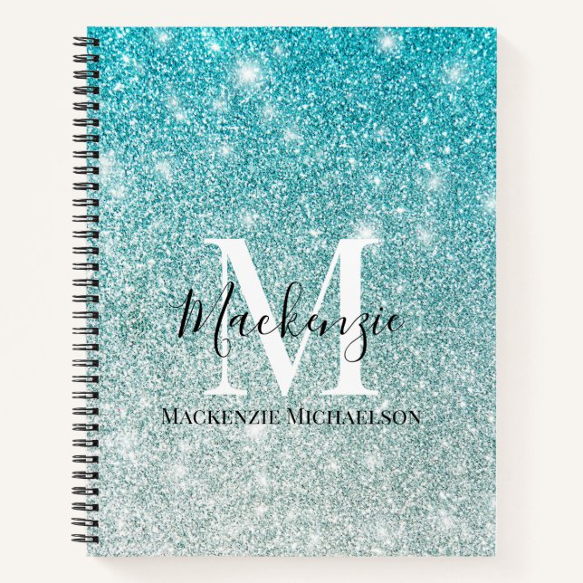 Girly Aqua Blue Silver Ombre Glitter Monogram Name Notebook (Front)