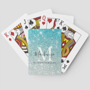 Girly Aqua Blue Silver Ombre Glitter Monogram Playing Cards