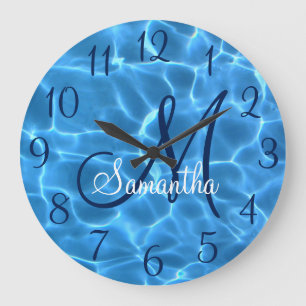 Girly Aqua Blue Swimming Pool Photo Monogram Large Clock