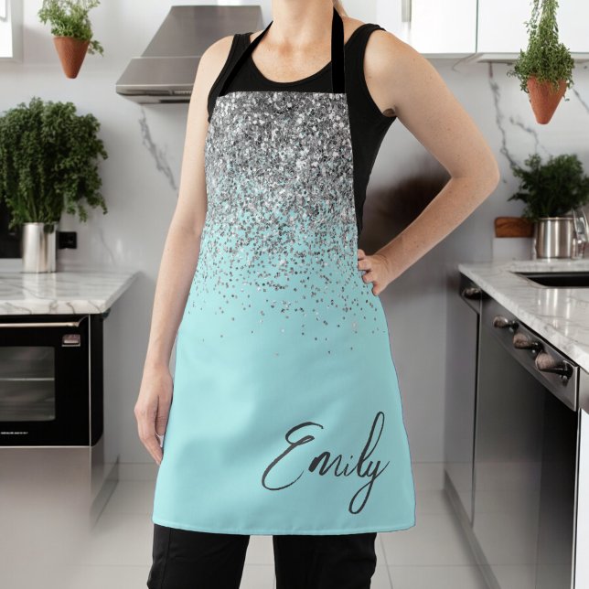 Girly Aqua Blue Teal Glitter Monogram Apron (Creator Uploaded)