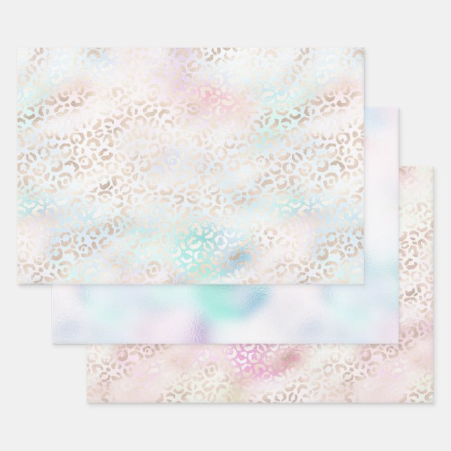 Girly Aqua Blush Pink Gold Leopard Print Wrapping Paper Sheet (Set)