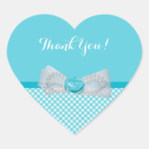 Girly Aqua Gingham Cute Pearls Rose Bow Thank You Heart Sticker