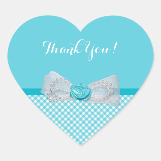 Girly Aqua Gingham Cute Pearls Rose Bow Thank You Heart Sticker (Front)
