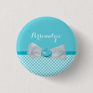 Girly Aqua Gingham Cute Pearls Rose Bow With Name 3 Cm Round Badge