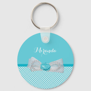 Girly Aqua Gingham Cute Pearls Rose Bow With Name Key Ring