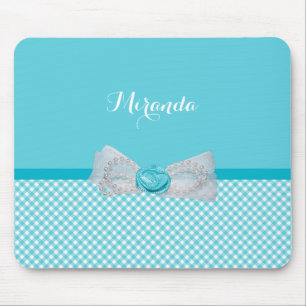 Girly Aqua Gingham Cute Pearls Rose Bow With Name Mouse Mat
