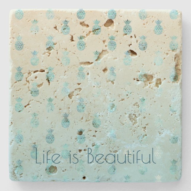 Girly Aqua Glam Tropical Pineapples Ombre Stone Coaster (Front)