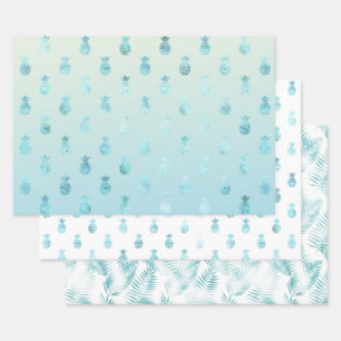 Girly Aqua Glam Tropical Pineapples Ombre Wrapping Paper Sheet