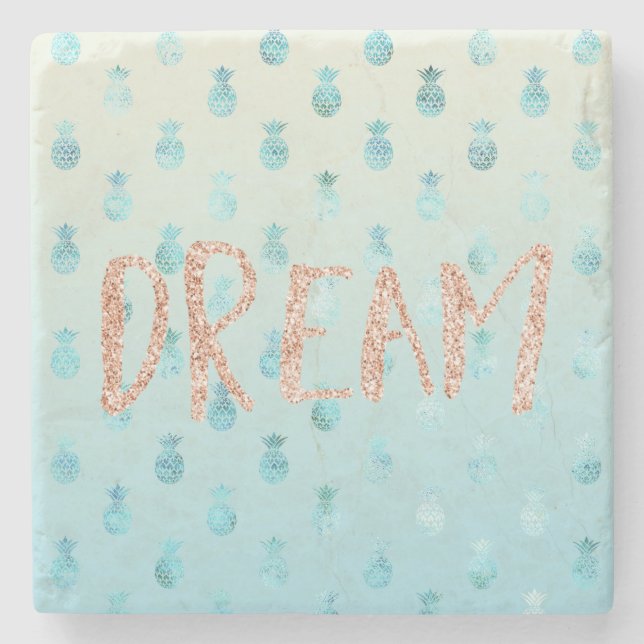 Girly Aqua Glam Tropical Pineapples Pink Dream Stone Coaster (Front)